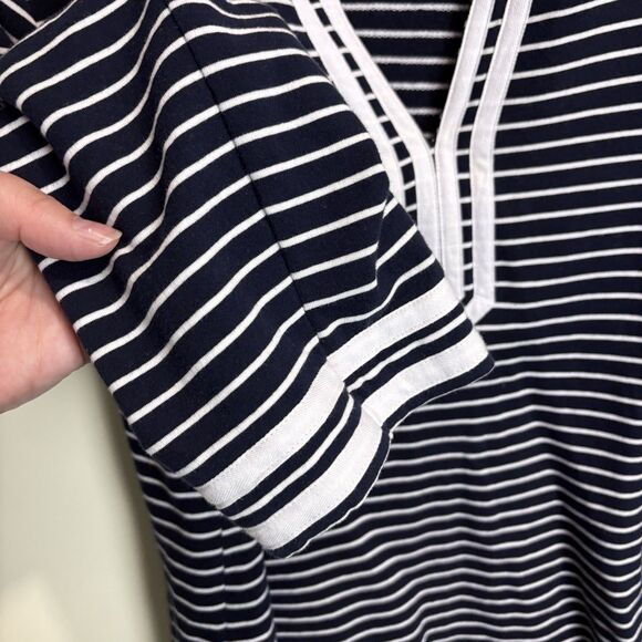 Tablots Navy White Stripe Contrast Trim V-Neck Nautical Tunic Blouse 1X Beach - Picture 2 of 7